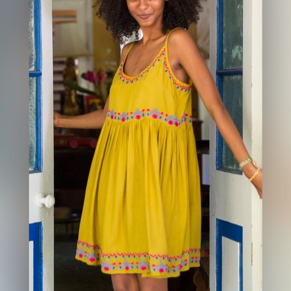 NATURAL LIFE Mustard Yellow Embroidered Mini Sundress